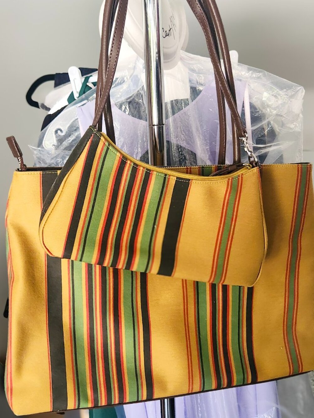 Striped Woven Tote Bag | Brown Leather Handles | Zip Top